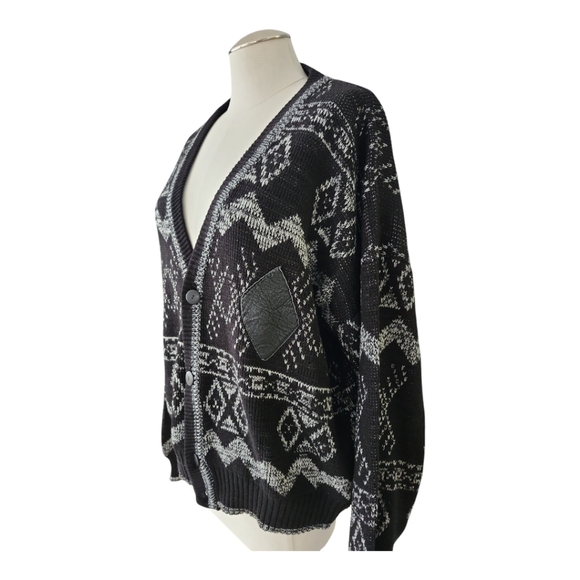 Vintage Chartwell Cardigan Sweater 2X Black Gray Geometric Knit Leather Patches - Picture 5 of 7